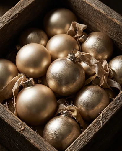Champagne Gold Baubles in Rustic Crate