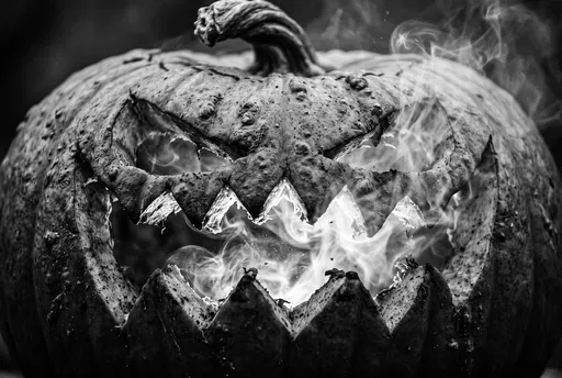 Monochrome Smoking Scary Jack-o'-Lantern Close-Up