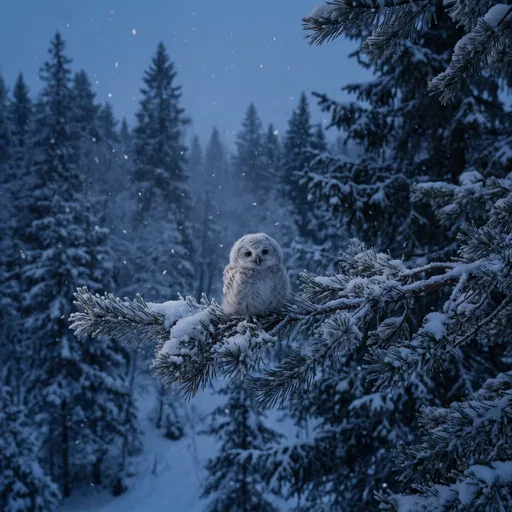 Snowy Owlet on Frosty Pine Branch