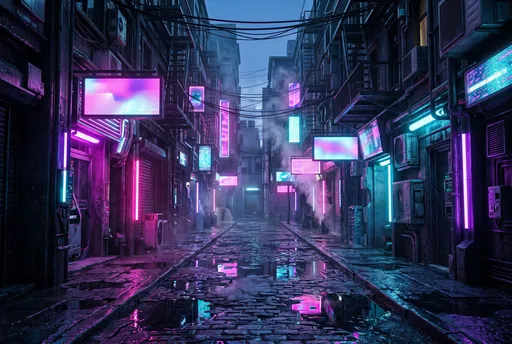 Neon Lit Wet Cyberpunk Alleyway at Dusk