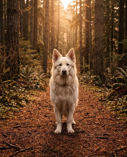 White Shepherd Dog on Forest Trail