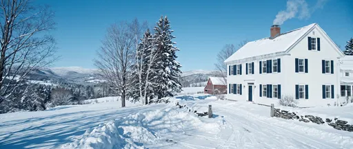 White Colonial Farmhouse in Winter Landscape