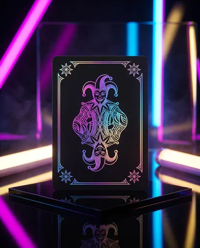 Holographic Joker Card Under Neon Lights