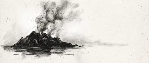 Charcoal Sketch of Smoking Volcanic Island