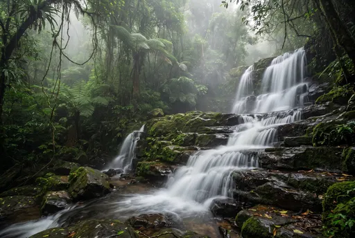 Misty Long Exposure Tropical Jungle Waterfall