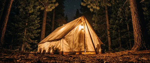 Glowing Canvas Tent in Night Forest