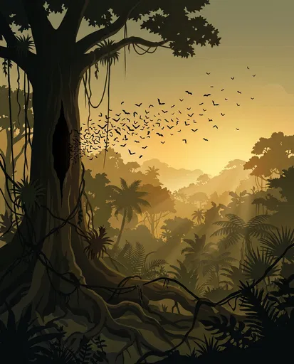 Bats Emerging From Jungle Tree at Dusk