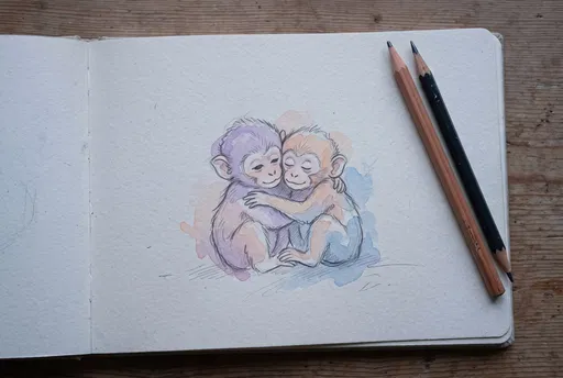 Watercolor Sketch of Two Cuddling Monkeys