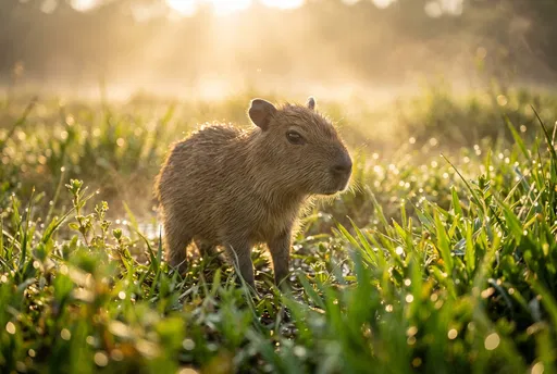 Baby Capybara in Morning Grass