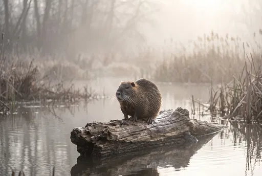 Coypu Sitting on Log in Misty Marsh