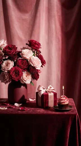 Roses, Velvet Gift, and Birthday Cupcake