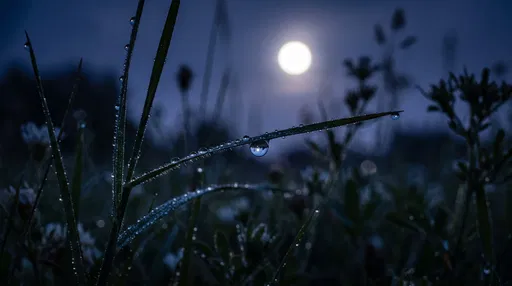 Dewdrops on Meadow Grass Under Moonlight