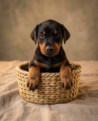 Doberman Puppy Sitting in Woven Basket