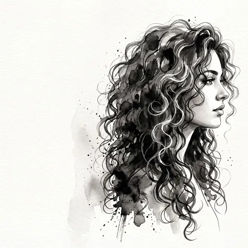 Monochrome Watercolor Portrait of Curly Haired Woman
