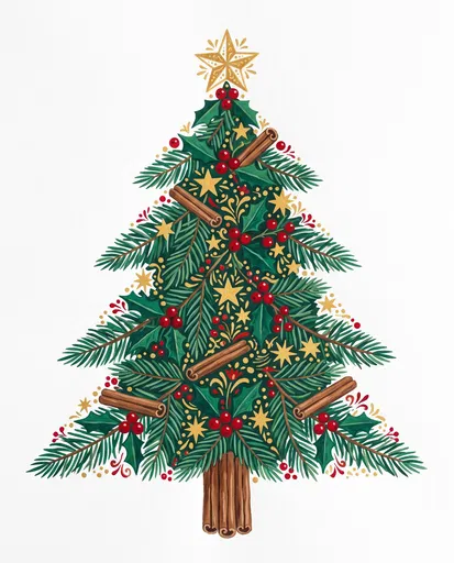 Folk Art Botanical Christmas Tree Illustration