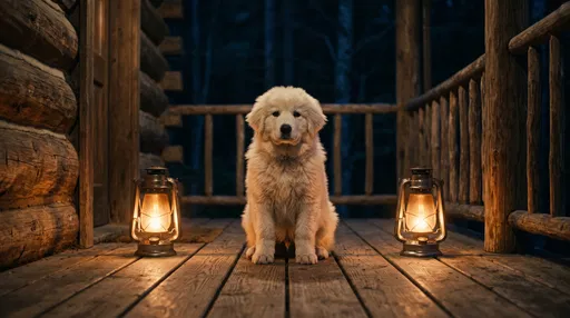 Fluffy Puppy on Cabin Porch at Night