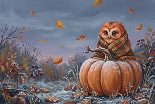 Owl in Blanket on Frosted Pumpkin