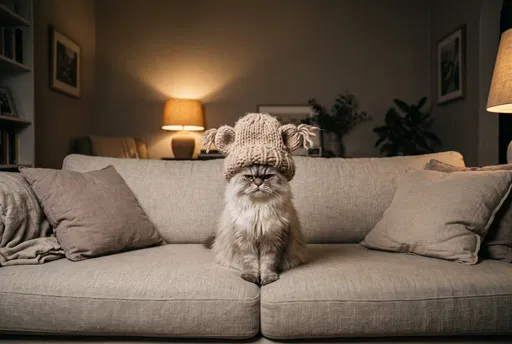 Grumpy Persian Cat in Knit Hat
