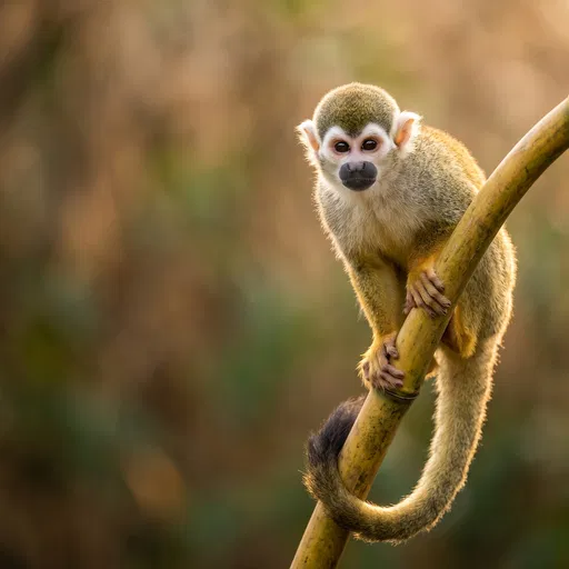 Squirrel Monkey Perched on Bamboo Stalk