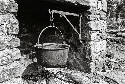 Antique Cast Iron Cauldron in Stone Hearth