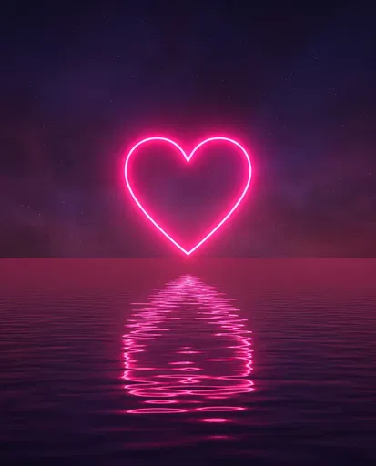 Glowing Neon Pink Heart Over Water