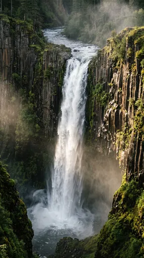 Waterfall Over Mossy Columnar Basalt Cliffs