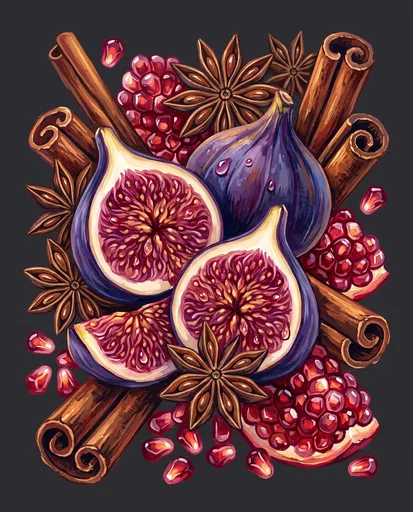 Gouache Figs Pomegranate and Autumn Spices Illustration