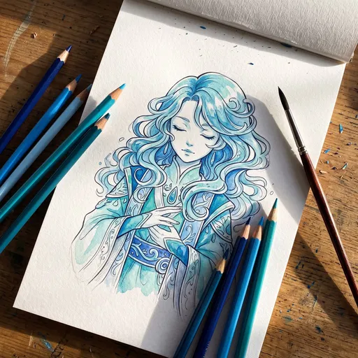 Anime Water Mage Sketch Flat Lay