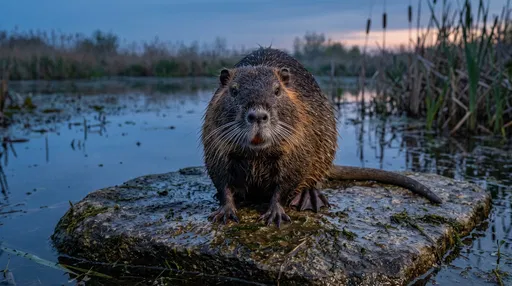 Coypu Sitting on Wetland Stone at Twilight
