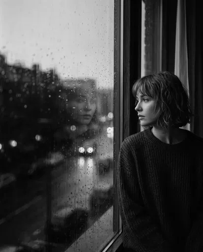 Woman Looking Out Rainy Window in Monochrome