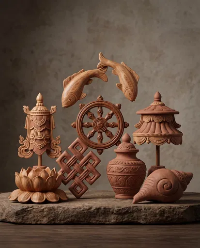 Eight Auspicious Buddhist Symbols in Wood and Clay