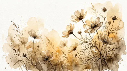Sepia Watercolor Cosmos Flowers Illustration