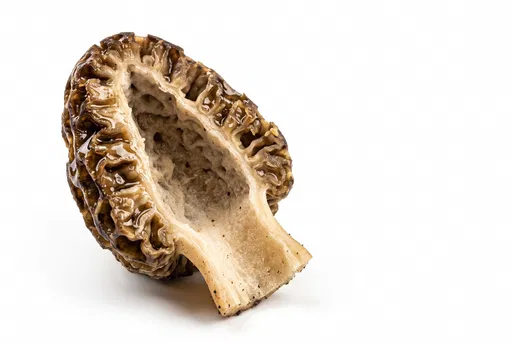 Halved Glossy Morel Mushroom on White