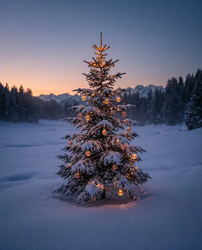 Glowing Christmas Tree in Snowy Alpine Clearing
