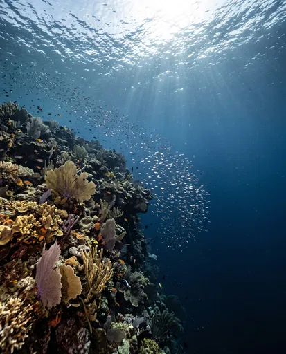 Sunlit Coral Reef Drop-Off in Deep Ocean
