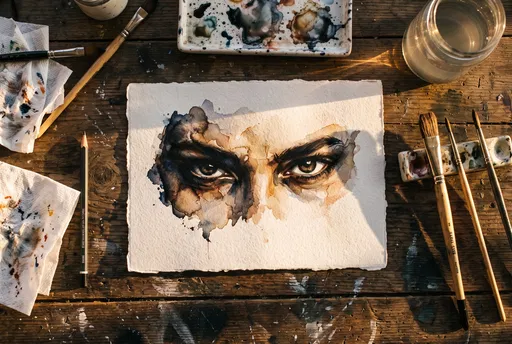 Watercolor Painting of Intense Eyes on Desk