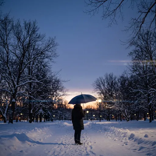 Solitary Figure With Umbrella on Snowy Path