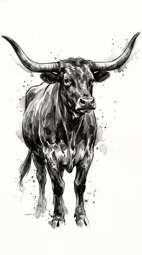 Monochrome Watercolor Texas Longhorn Illustration