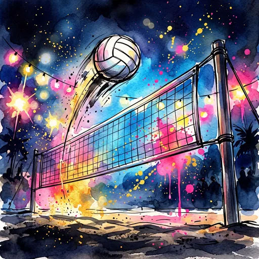 Watercolor Night Beach Volleyball Illustration