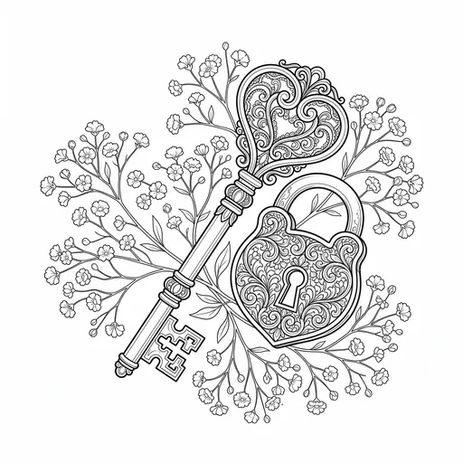 Ornate Key and Padlock Coloring Page