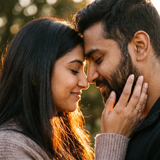 South Asian Couple Embracing at Sunset