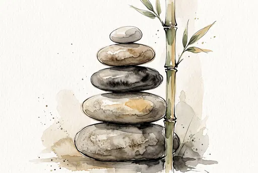 Watercolor Zen Stones and Bamboo Illustration
