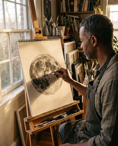 Artist Drawing Full Moon With Charcoal