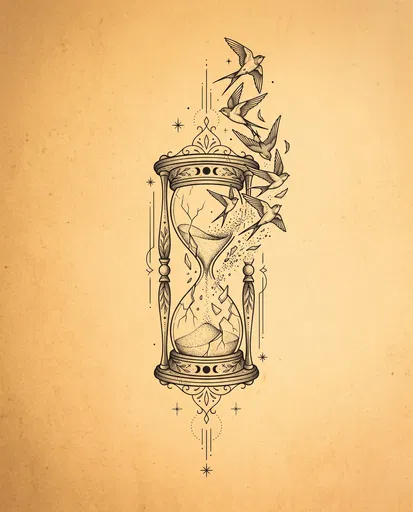 Cracking Hourglass and Swallows Tattoo Illustration