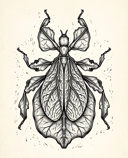 Monochrome Linocut Leaf Insect Illustration