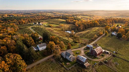 Aerial View of Autumn Orchards and Farm