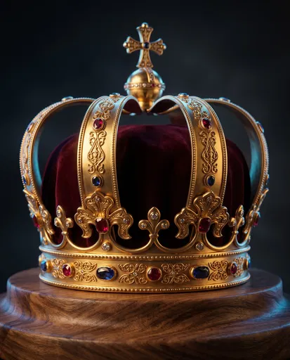 Ornate Gold Imperial Crown on Wood Pedestal