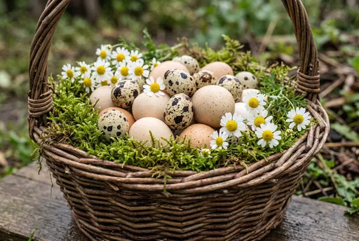 Rustic Wicker Basket With Eggs and Moss