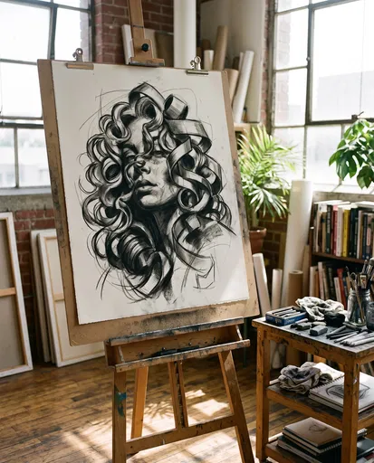 Charcoal Portrait Sketch on Studio Easel