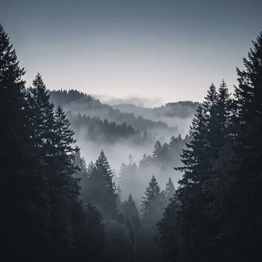 Misty Dark Pine Forest at Dusk